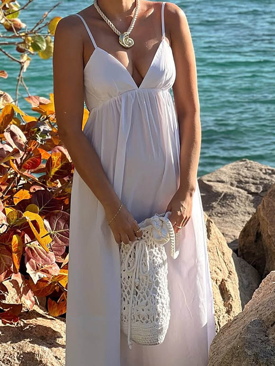 Solid Color Pleated Elasticity Backless Sleeveless High Waisted Spaghetti-Neck Midi Dresses