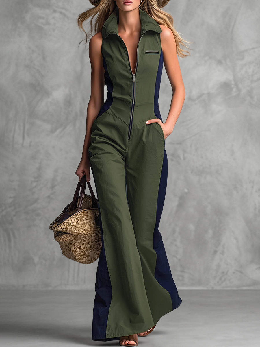 Zipper Pockets Contrast Color Wide Leg Sleeveless Lapel Jumpsuits