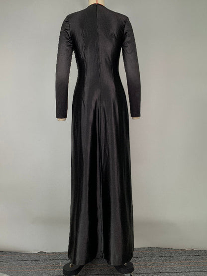 Solid Color Bodycon Long Sleeves Pleated  Split-Front Tied Waist Deep V-Neck Maxi Dresses