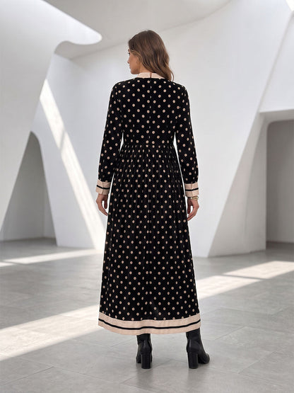 Zipper Split-Joint Polka-Dot Pockets Contrast Color Buttoned Loose Long Sleeves Round-neck Maxi Dresses