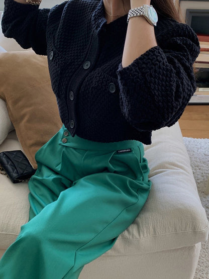 Long Sleeves Buttoned Pockets Solid Color Round-Neck Cardigan Tops