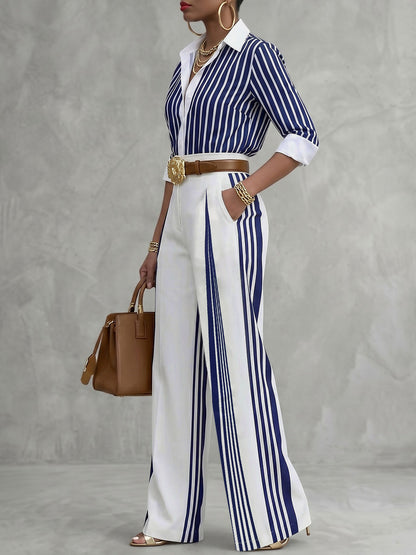 Long Sleeves Buttoned Contrast Color Striped Lapel Blouses&Shirts Tops