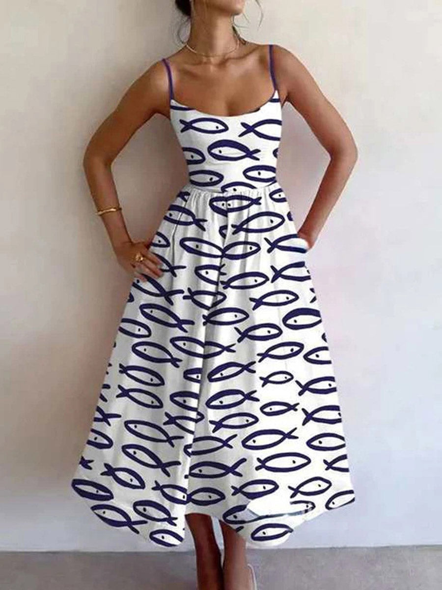 Elasticated Waist High Waisted Contrast Color Pleated Printed Split-Joint Spaghetti-Neck Midi Dresses