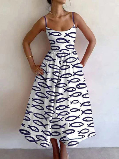 Elasticated Waist High Waisted Contrast Color Pleated Printed Split-Joint Spaghetti-Neck Midi Dresses