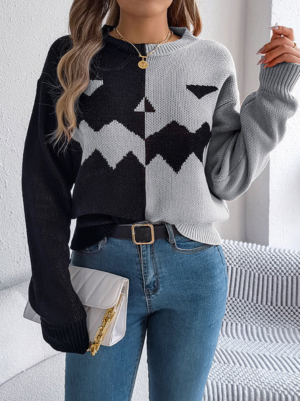 Long Sleeves Loose Contrast Color Split-Joint Round-Neck Pullovers Sweater Tops