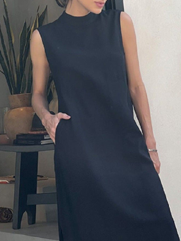 Loose Sleeveless Solid Color Split-Side Mock Neck Maxi Dresses