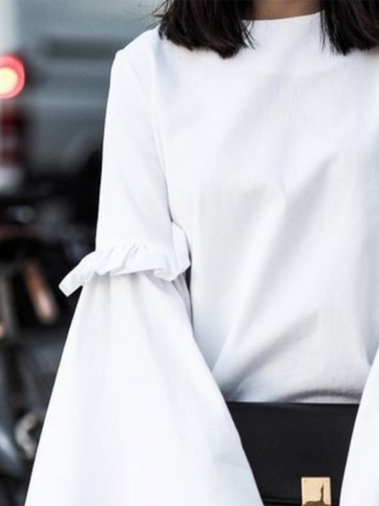 Flared Sleeves Loose Ruffled Solid Color Split-Joint Round-Neck T-Shirts Tops