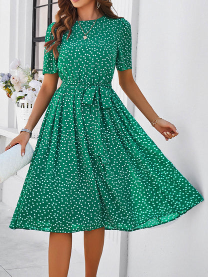 A-Line Elasticated Waist Contrast Color Polka Dot Split-Joint Tied Waist Round-Neck Midi Dresses