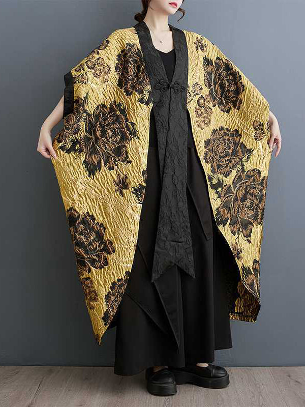 Batwing Sleeves Loose Flower-Embellished Chinese Frog Buttons Pleated Split-Joint V-Neck Outerwear