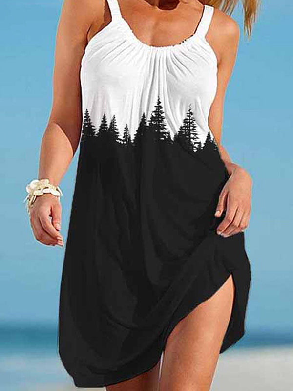 A-Line Loose Pleated Printed Spaghetti-Neck Mini Dresses