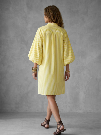 High-Low Long Sleeves Asymmetric Buttoned Contrast Color Printed Split-Joint Striped Lapel Mini Dresses Shirt Dress