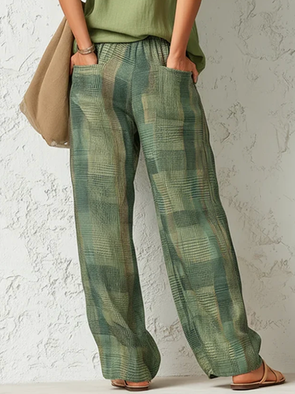 High Waisted Loose Contrast Color Plaid Pockets Pants Trousers