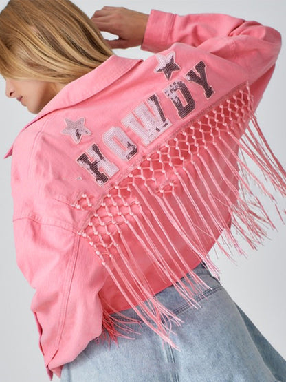 Long Sleeves Loose Sequined Split-Joint Tasseled Lapel Denim Jackets