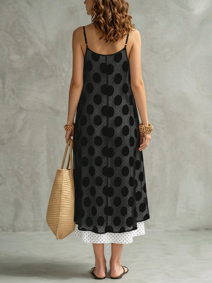 False Two Sleeveless Contrast Color Polka Dot See-Through Spaghetti-Neck Midi Dresses Slip Dress