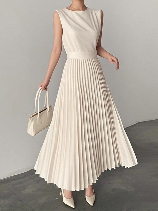 A-Line Loose Pleated Solid Color Round-Neck Maxi Dresses