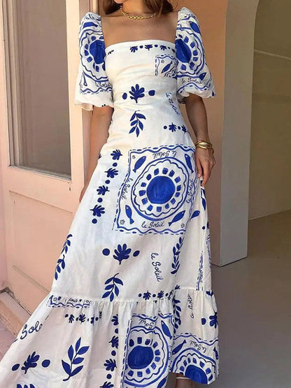 A-Line High Waisted Contrast Color Pleated Printed Ruffled Split-Joint Square-Neck Midi Dresses