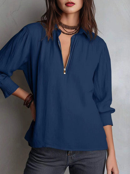 Long Sleeves Loose Pleated Solid Color Zipper Lapel Blouses&Shirts Tops
