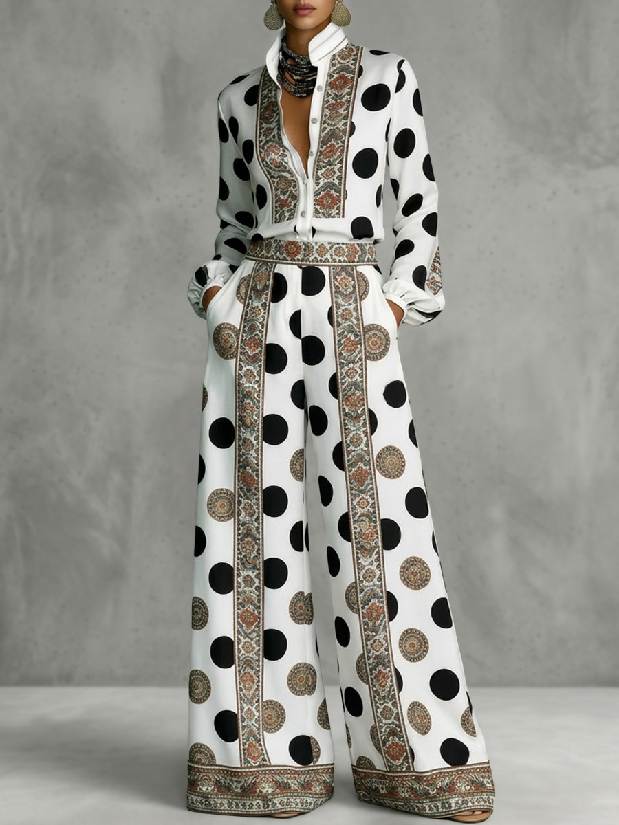 High Waisted Wide Leg Contrast Color Elasticity Pockets Polka Dot Printed Pants Trousers