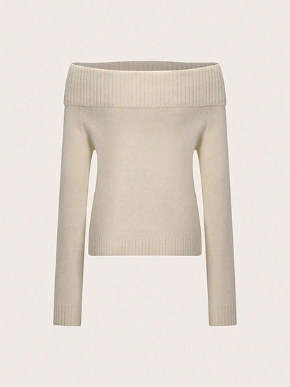Long Sleeves Solid Color Off-The-Shoulder Pullovers Sweater Tops