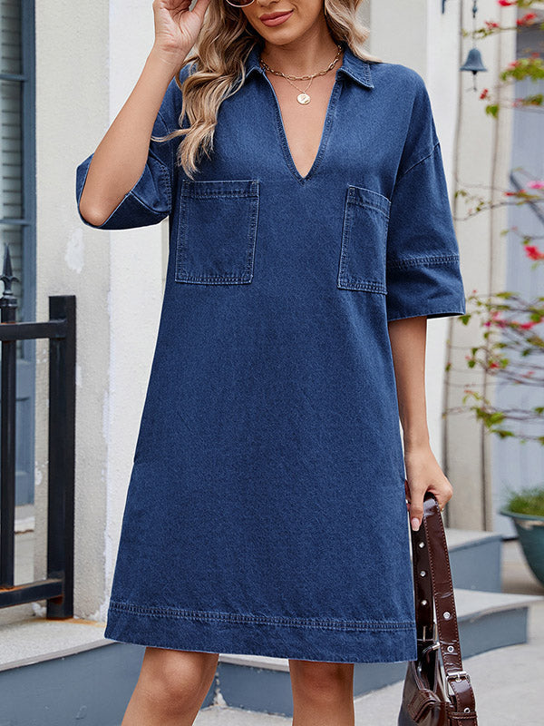 A-line Loose Pockets Solid Color Lapel Mini Dresses