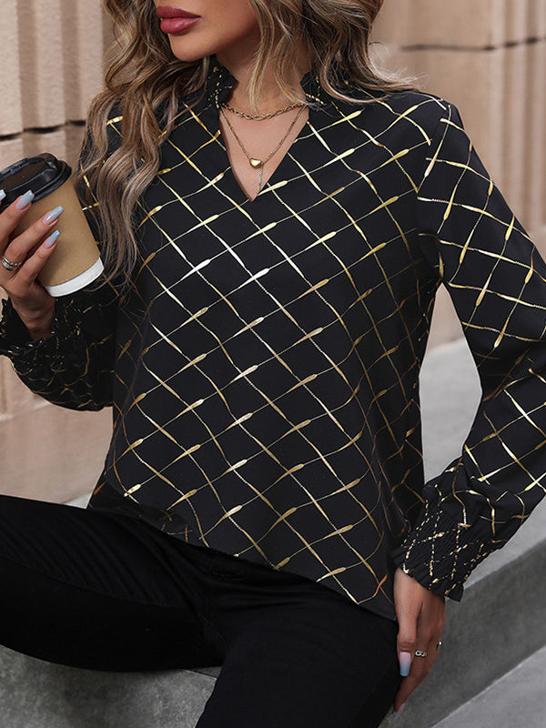 Long Sleeves Loose Bronzing Elasticity Split-Joint V-Neck Blouses&Shirts Tops