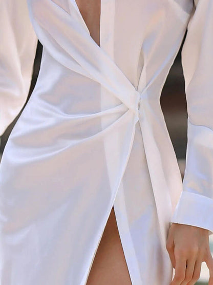Long Sleeves Buckle Buttoned Pleated Solid Color Split-Front Lapel Maxi Dresses Shirt Dress