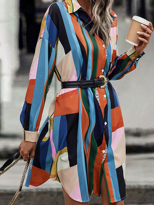 A-Line Long Sleeves Buttoned Contrast Color Lapel Midi Dresses Shirt Dress