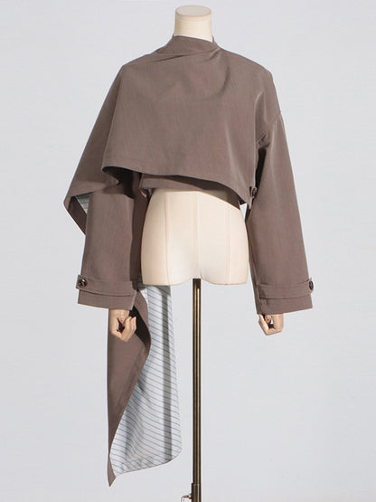 Long Sleeves Loose Asymmetric Buttoned Pockets Solid Color Stand Collar Blazer Outerwear