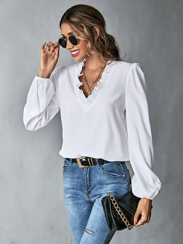 Casual Puff Sleeves Loose Falbala Solid Color V-Neck Blouses&Shirts Tops
