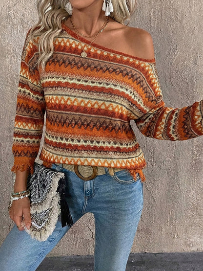 Striped Contrast Color Long Sleeves Bloomers One-shoulder T-Shirts Tops