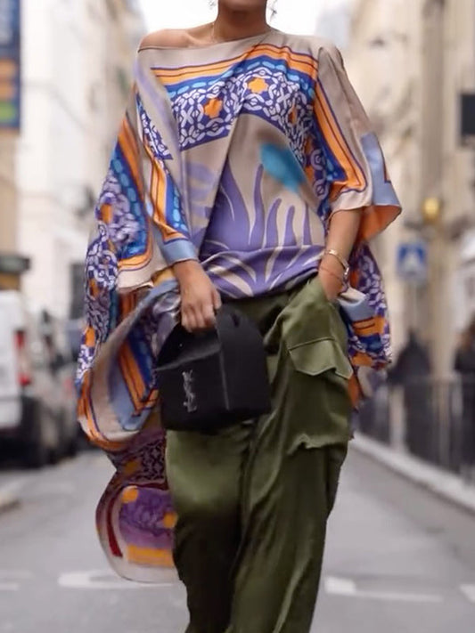 Batwing Sleeves Half Sleeves Contrast Color Printed One-shoulder Blouses&shirts Tops