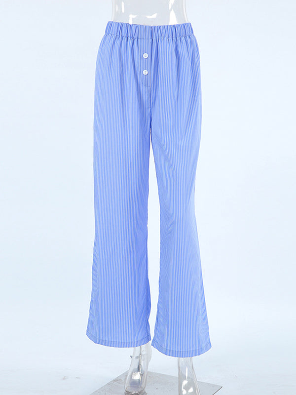 Loose Wide Leg Buttoned Elasticity Split-Joint Striped Pants Trousers