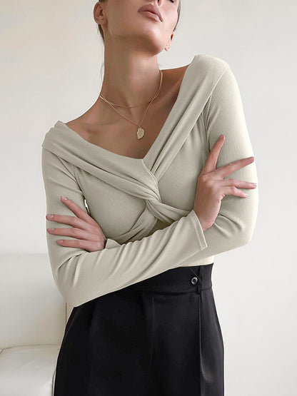 Long Sleeves Skinny Keep Warm Knot Solid Color V-Neck T-Shirts Tops