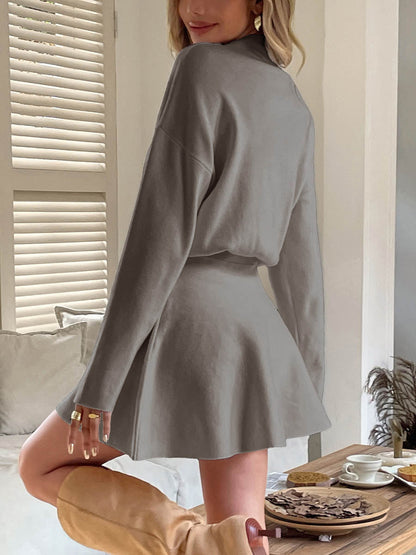 A-line High Waisted Elasticity Solid Color Round-neck Mini Dresses Sweater Dresses