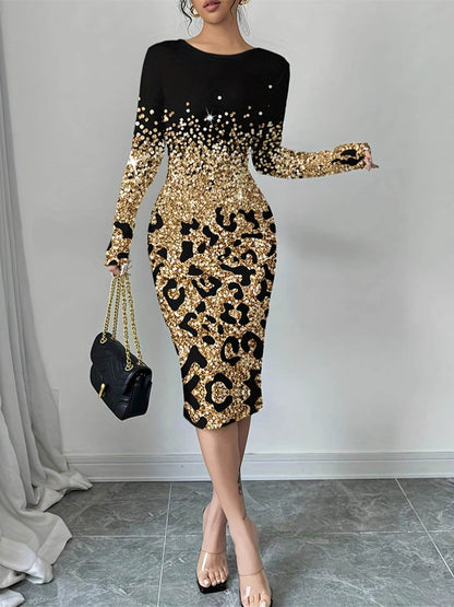 Bodycon Long Sleeves Contrast Color Leopard Shiny Split-Joint Round-Neck Midi Dresses