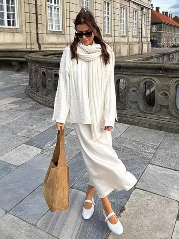 Long Sleeves Loose Solid Color Split-Joint Round-Neck Sweater Tops + Scarf Two Pieces