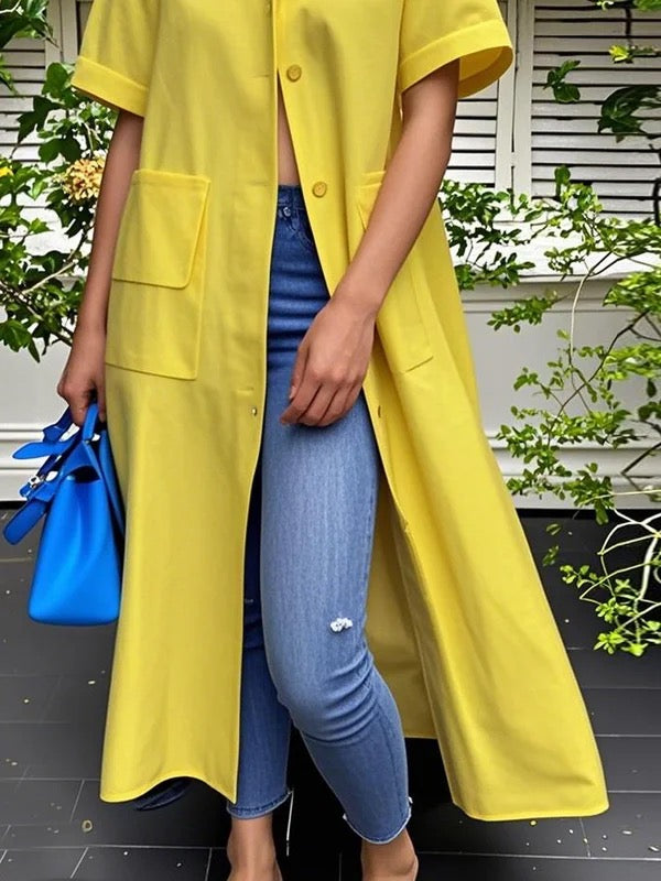 Loose Short Sleeves Buttoned Pockets Solid Color Stand Collar Blouse Outerwear Midi Dress