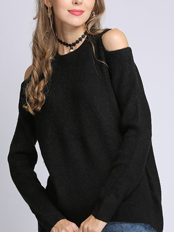 Long Sleeves Loose Hollow Solid Color Round-Neck Knitwear Pullovers Sweater Tops