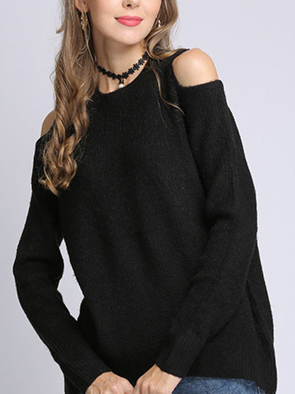 Long Sleeves Loose Hollow Solid Color Round-Neck Knitwear Pullovers Sweater Tops