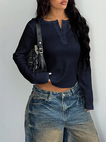 Long Sleeves Skinny Buttoned Solid Color Round-Neck Blouses&Shirts Tops