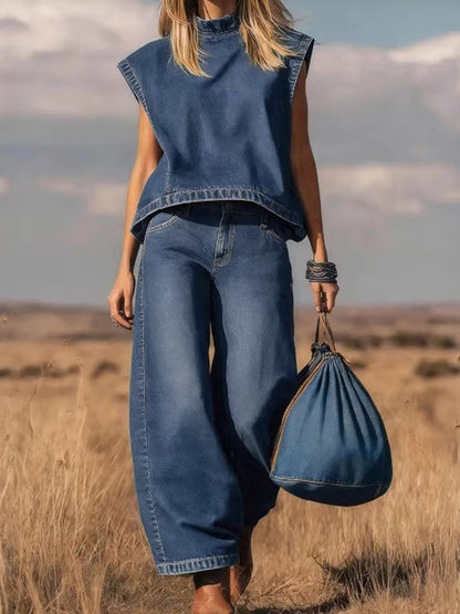High Waisted Loose Pockets Solid Color Mock Neck Suits Vest Top + Pants Bottom Two Pieces Set