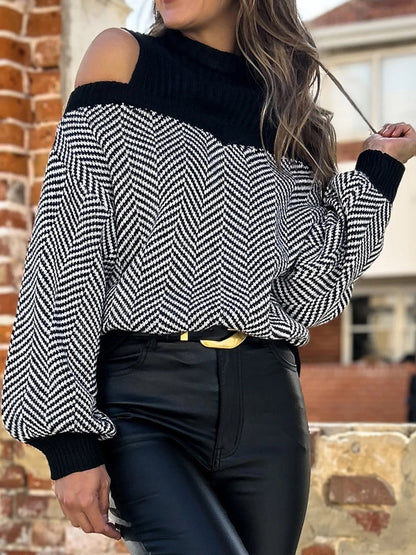 Loose Puff Sleeves Contrast Color Split-Joint Cold Shoulder Sweater Tops
