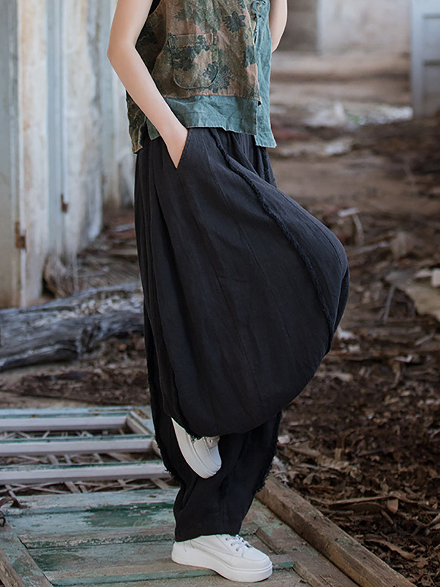 Women Summer Retro Solid Raw-edge Spliced Loose Bloomers