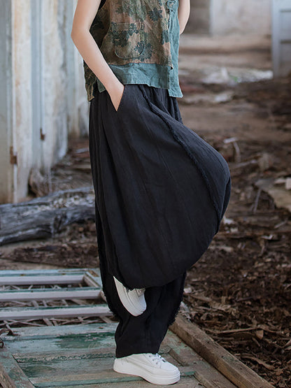 Women Summer Retro Solid Raw-edge Spliced Loose Bloomers