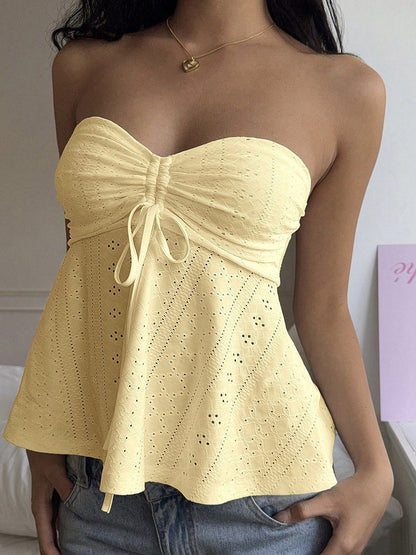 Skinny Sleeveless Backless Hollow Pleated Solid Color Split-Joint Tied Tube Vest Top