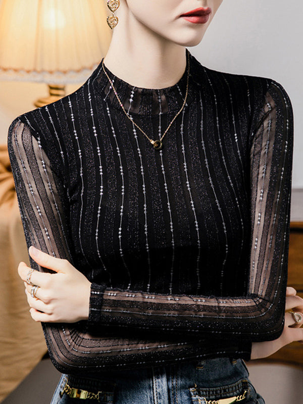 Long Sleeves Plus Size See-Through Striped Mock Neck T-Shirts Tops