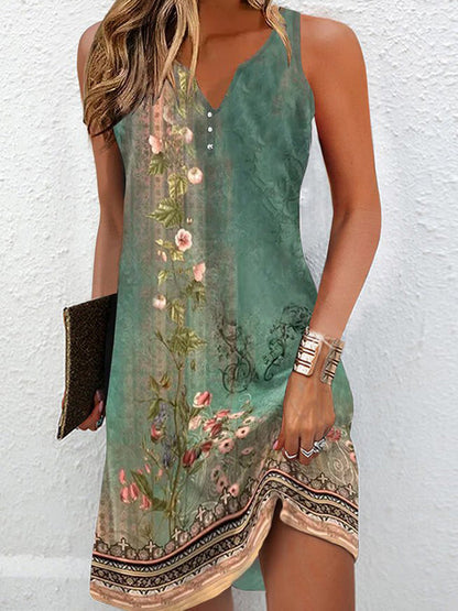 Loose Plus Size Floral Printed Split-Joint V-Neck Mini Dresses
