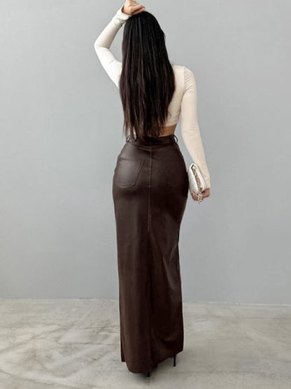 Bodycon High Waisted Pockets Solid Color Split-Front Split-Joint Velvet Skirts Bottoms