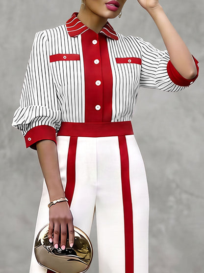 Striped Contrast Color Buttoned Loose Half Sleeves Lapel Blouses&shirts Tops