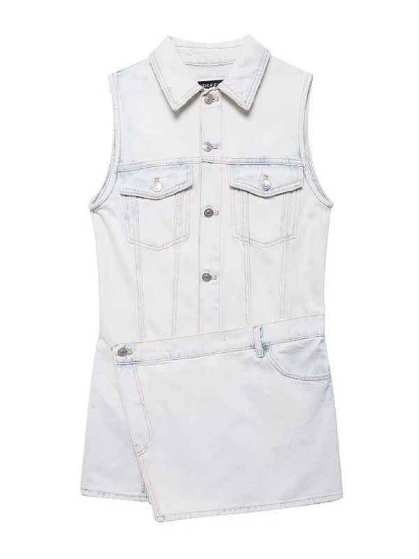 High Waisted Loose Asymmetric Buttoned Pockets Split-Joint Lapel Mini Dresses